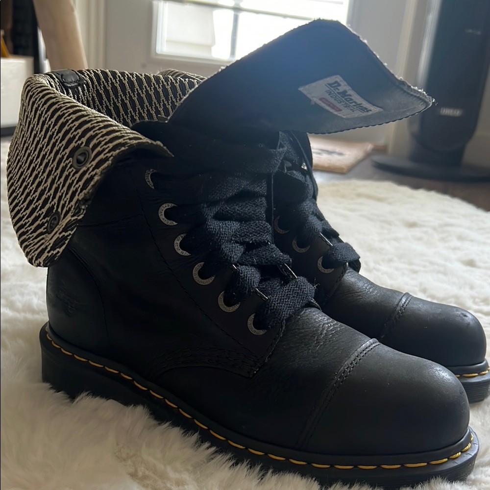 Dr. Martens Black Leather Fold-Over Boots. Steel toe
